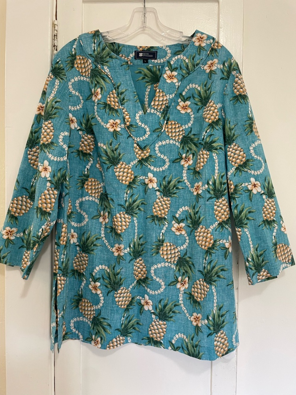 Reyn Spooner Teal Pineapple & Floral Tunic blouse size large